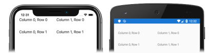 Zrzut ekranu przedstawiający obiekt Grid z zawartością rozmieszczoną w kolumnach i wierszach w systemach iOS i Android
