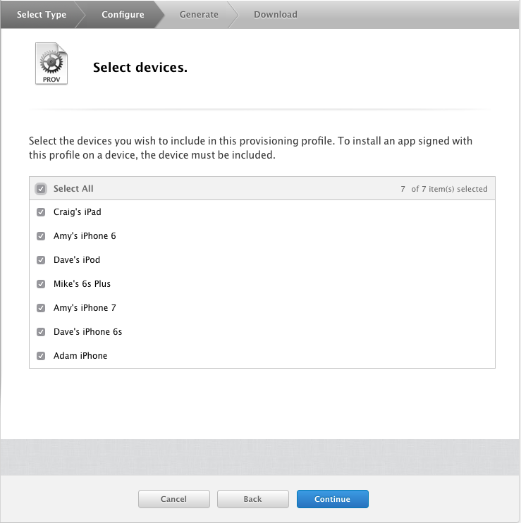 Select devices for Provisioning Profile