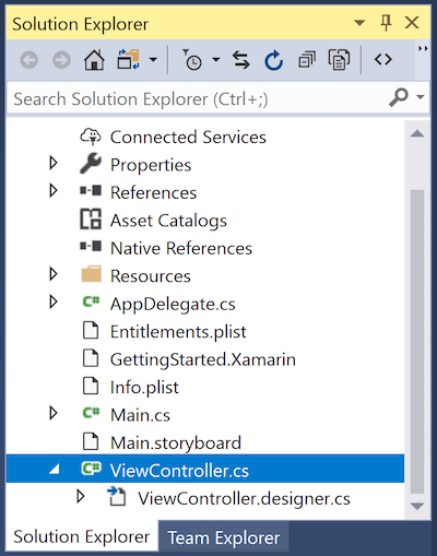 The two files that make up the ViewController class: ViewController.cs and ViewController.designer.cs