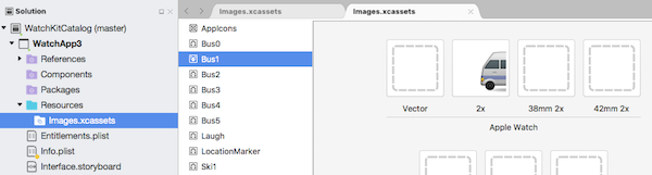 Przykład WatchKitCatalog zawiera serię ponumerowanych obrazów w projekcie aplikacji zegarka z prefiksem Bus