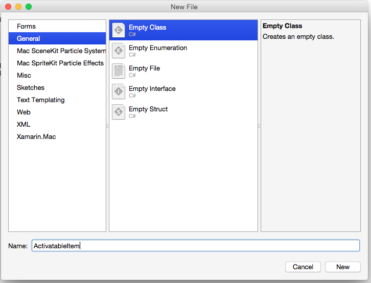 Dodawanie pustej klasy w Visual Studio dla komputerów Mac