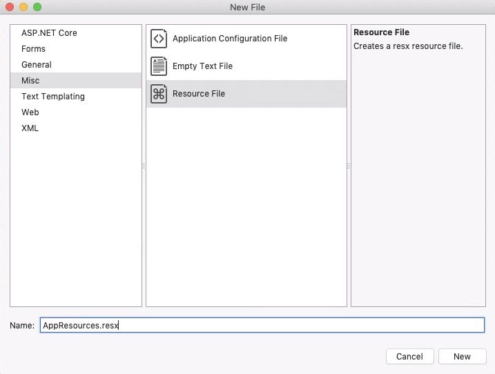 Dodawanie nowego zasobu w programie Visual Studio 2019 dla komputerów Mac