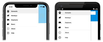 Zrzut ekranu przedstawiający menu wysuwane zawierające obiekt MenuItem w systemach iOS i Android