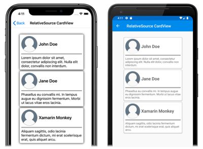 Zrzuty ekranu przedstawiający szablonowe obiekty CardView w systemach iOS i Android