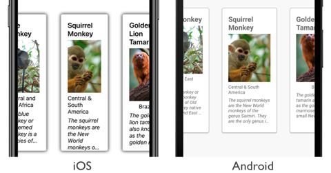 Zrzut ekranu przedstawiający obiekt CollectionView z częściowo widocznymi sąsiednimi elementami w systemach iOS i Android