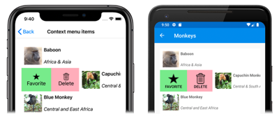 Zrzut ekranu przedstawiający elementy menu kontekstowego CollectionView w systemach iOS i Android