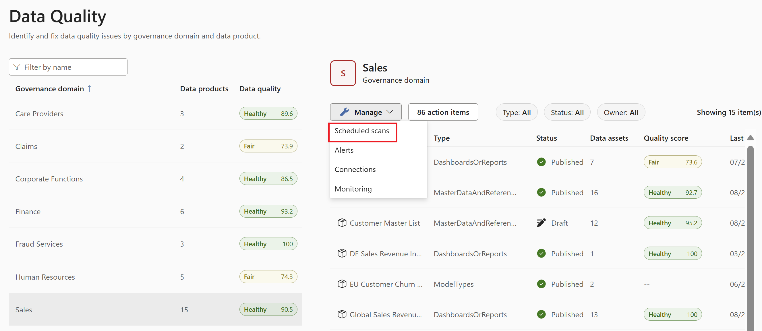 Screenshot of the data quality page for a governance domain, with the scheduled scans button highlighted.