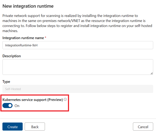 Screenshot of the new integration runtime window with the Kubernetes toggle enabled.