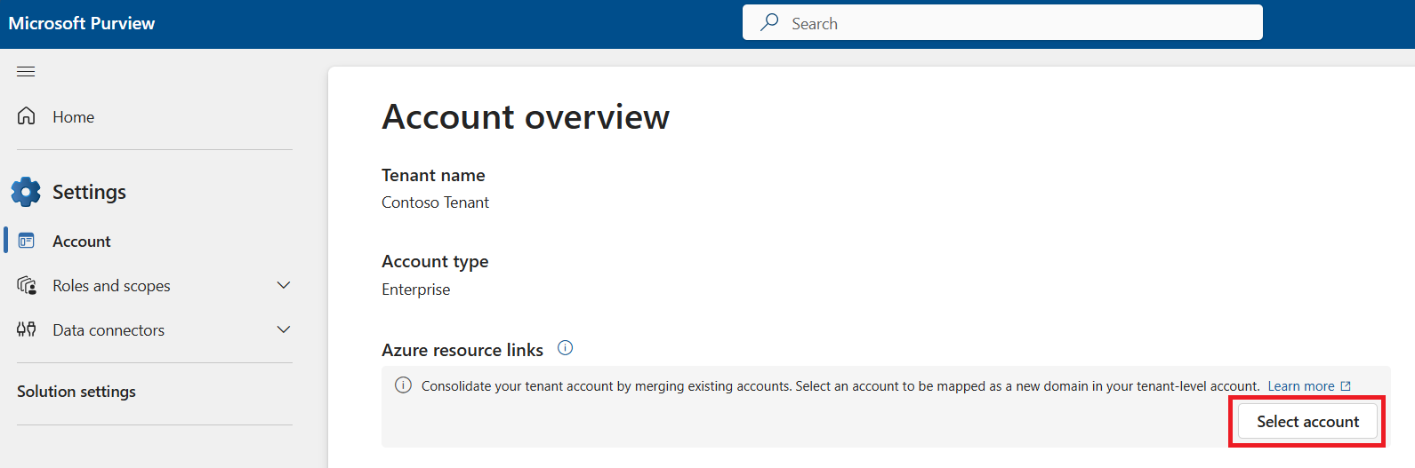 Screenshot of the merge account menu in the Microsoft Purview governance portal.