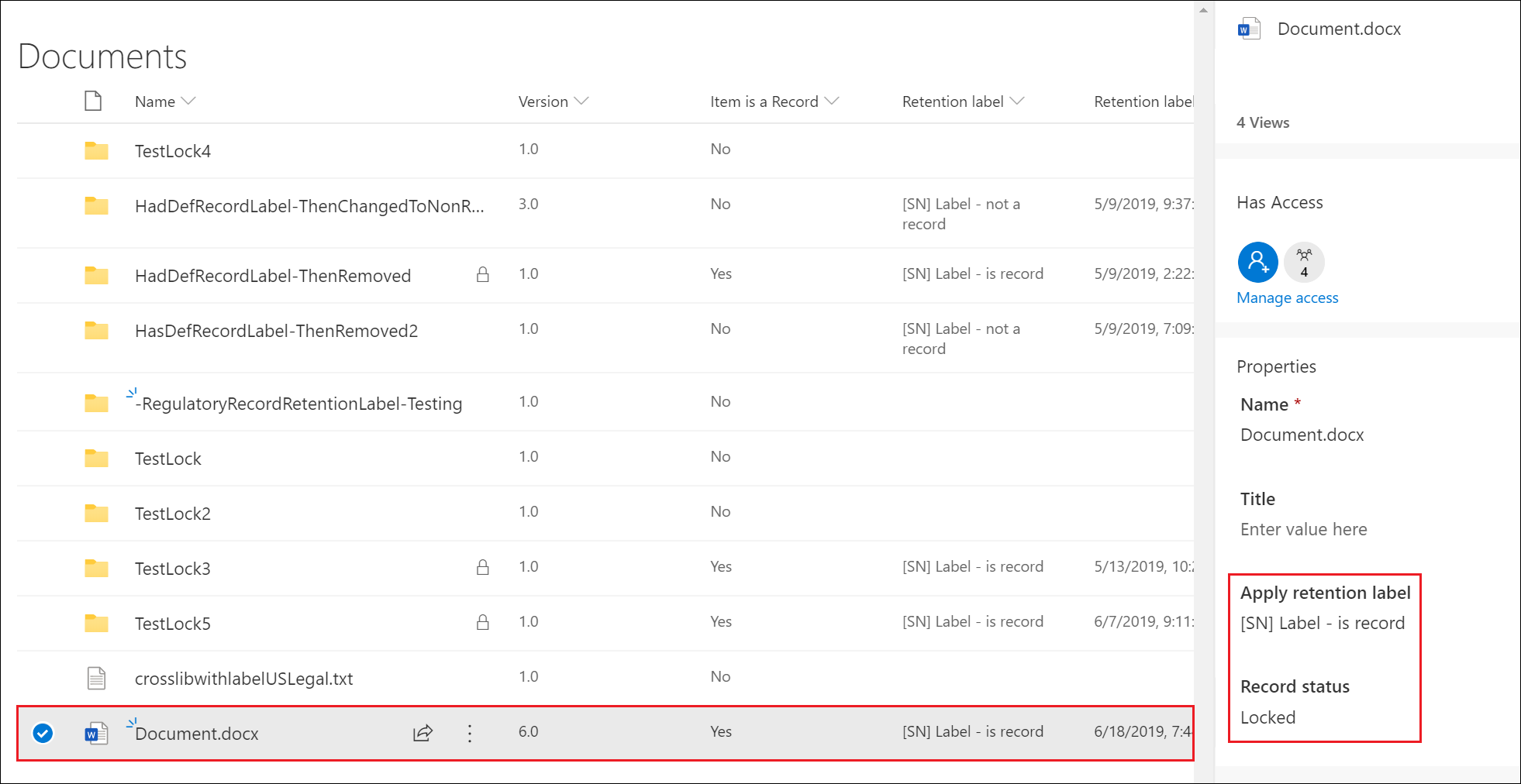 Details pane for document tagged as a record.