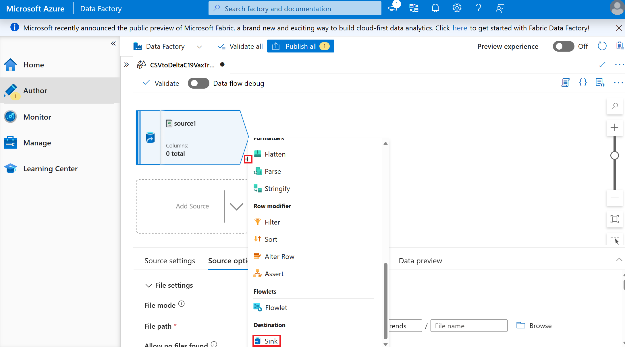 Screenshot of creating a sink for the dataflow.