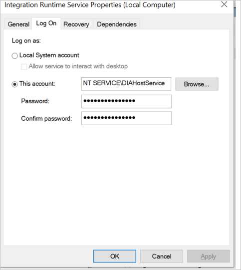 Screenshot of the sign-in service account properties pane.