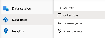 Screenshot of the Microsoft Purview governance portal left menu. The data map tab is selected, then the collections tab is selected.