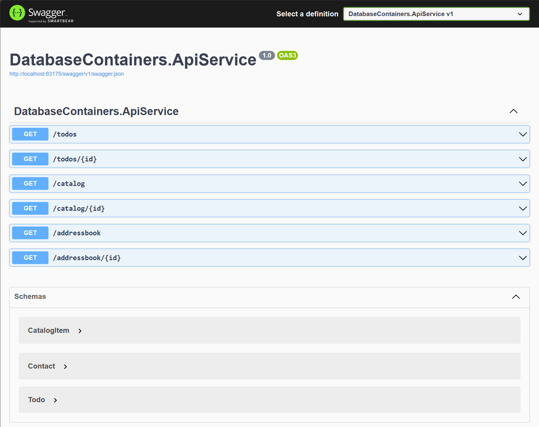 Screenshot of the Swagger UI for the API service that returns data from the configured database containers