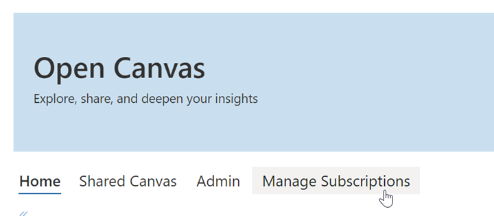 Open Canvas ze wskaźnikiem na karcie Zarządzanie subskrypcjami