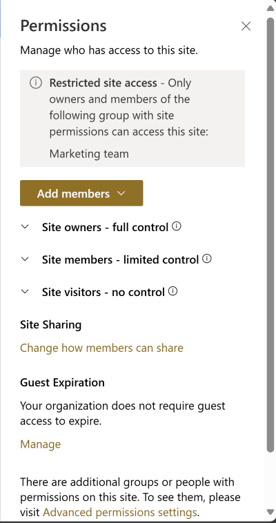 screenshot of site permissions page for restricted access control.