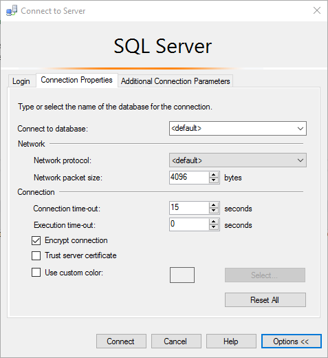 zrzut ekranu przedstawiający okno dialogowe połączenia programu SQL Server Management Studio.