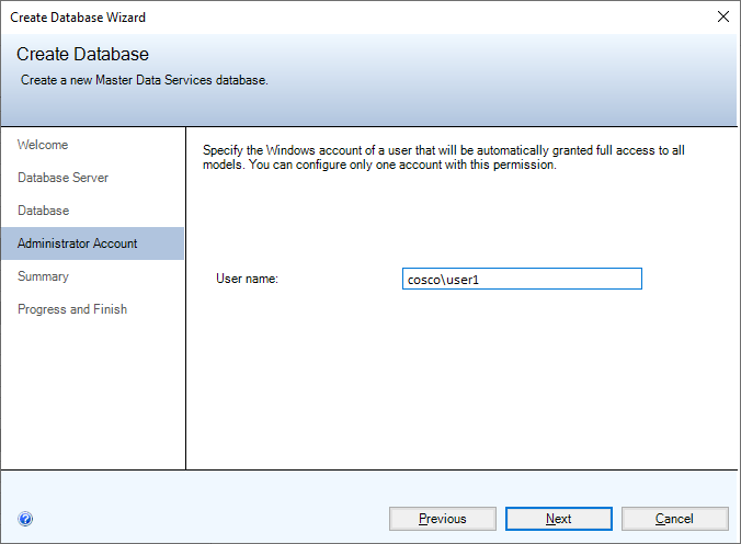 Screenshot of the Administrator Account page of the Create Database Wizard.