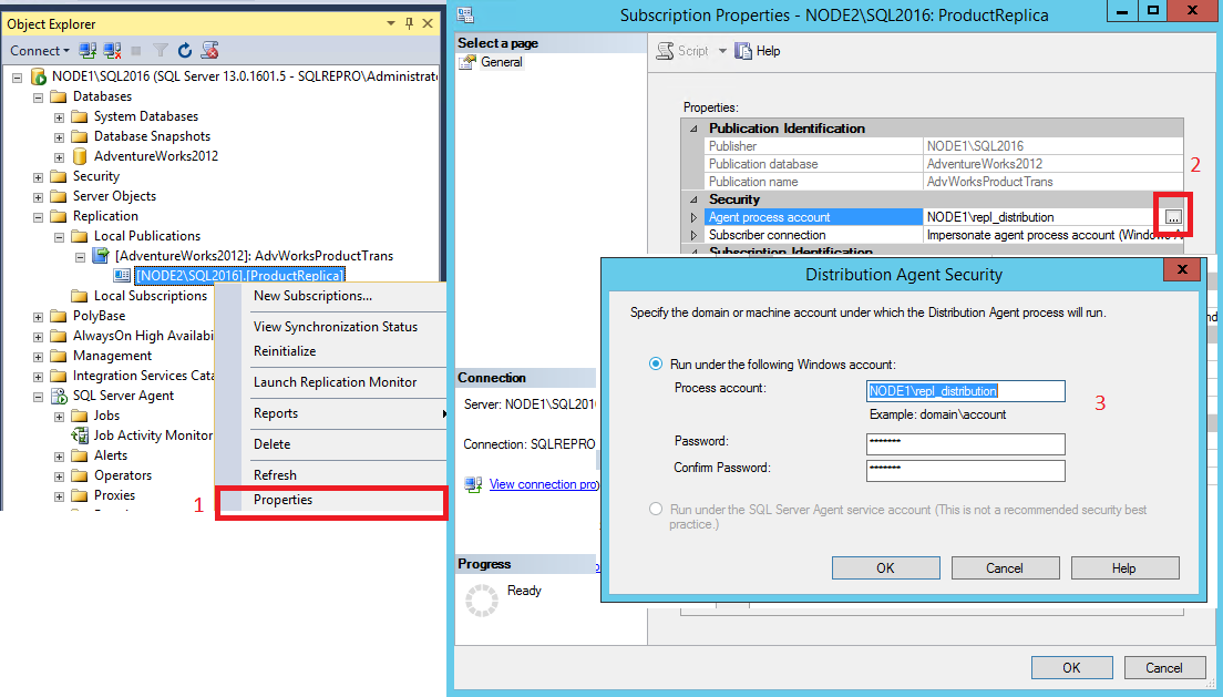 Screenshot of Selections for modifying the password for the Distribution Agent.