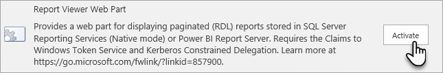 Screenshot that shows the Activate Report Viewer web part feature.