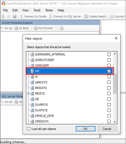 Screenshot of the 'Filter objects' pane for selecting the schemas to load.