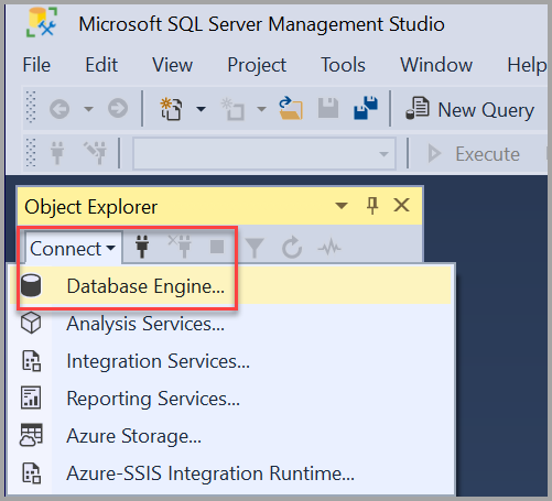 Screenshot of the Connect link in Object Explorer.