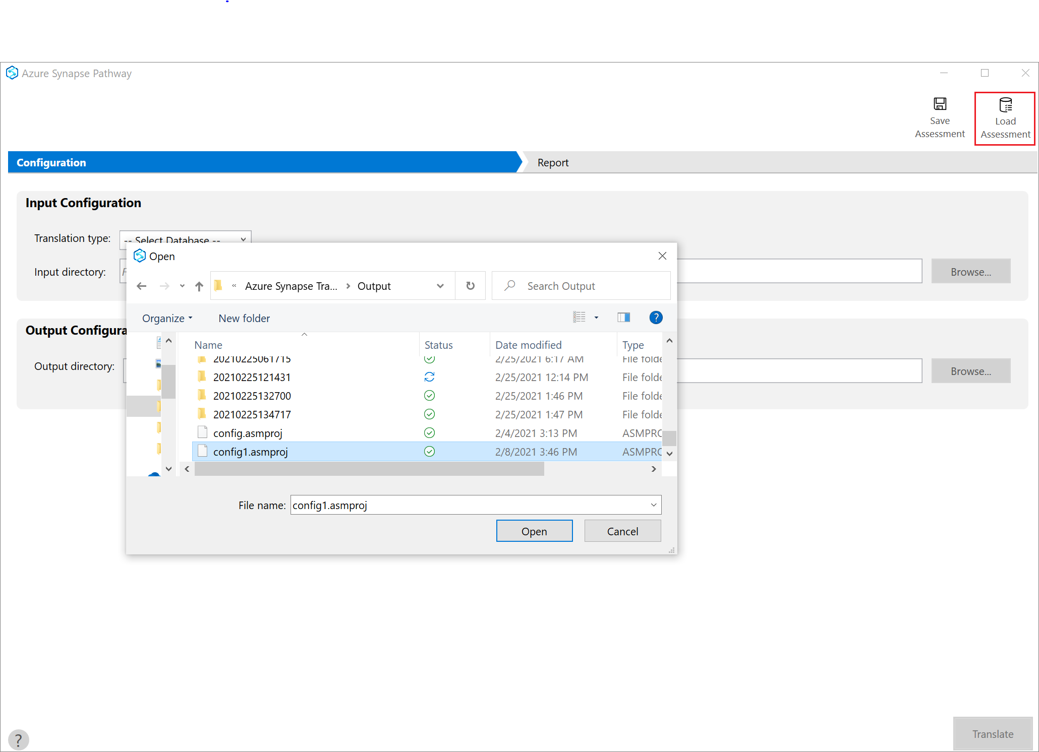 Azure Synapse Pathway browse to assessment location.