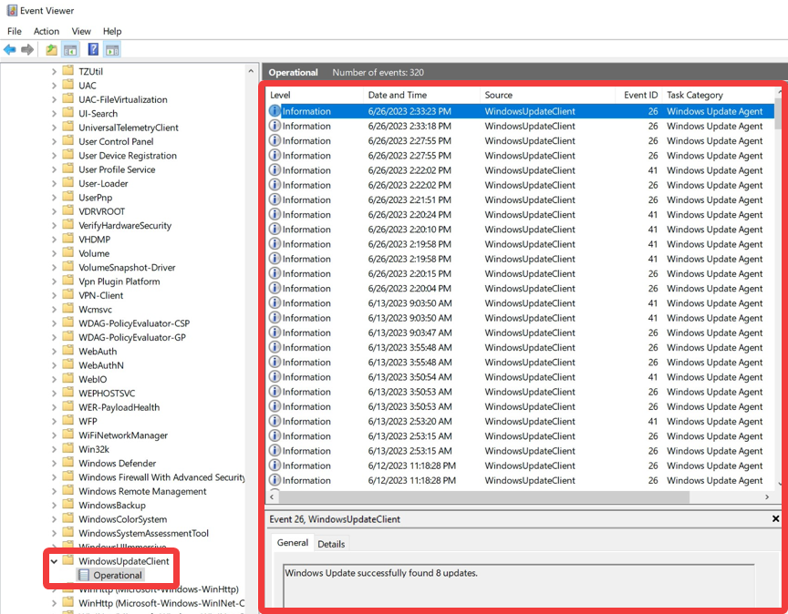 Image showing the Windows Update Event Viewer files on the Surface Hub.