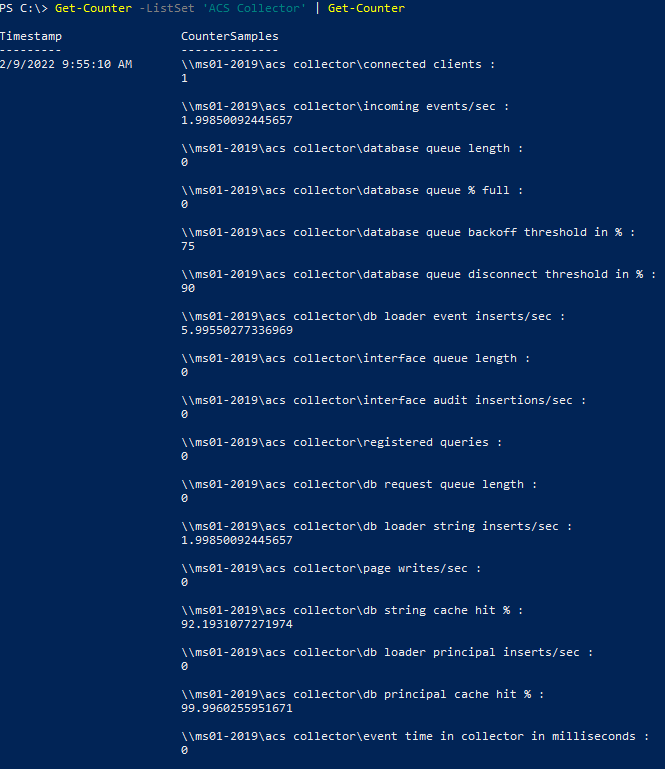 Zrzut ekranu przedstawiający przykład programu PowerShell na potrzeby zbierania danych wydajności modułu zbierającego ACS.