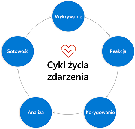 Diagram kołowy z kołami zawierającymi nazwy powyższych faz. Każde koło połączone jest z następnym strzałką wskazującą przejście między kolejnymi fazami