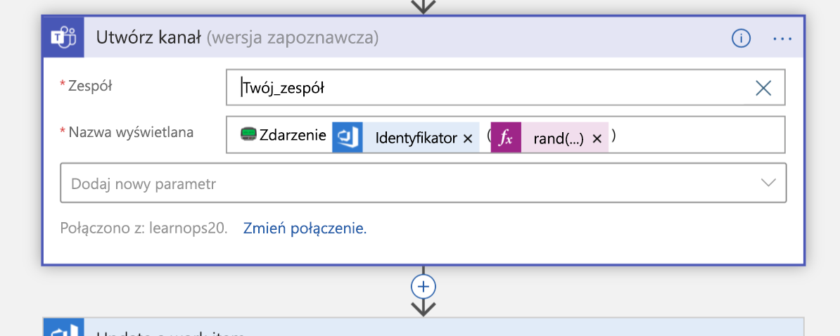 zrzut ekranu przedstawiający blok Tworzenie kanału w widoku Projektant aplikacji logiki.