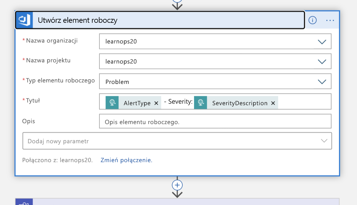 Zrzut ekranu przedstawiający blok Tworzenie elementu roboczego w widoku Projektant aplikacji logiki.