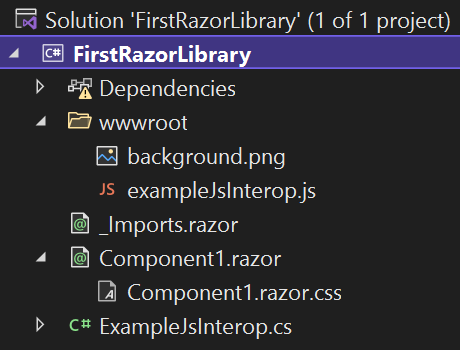 Zrzut ekranu Przedstawiający domyślną zawartość projektu w Eksploratorze rozwiązań programu Visual Studio.