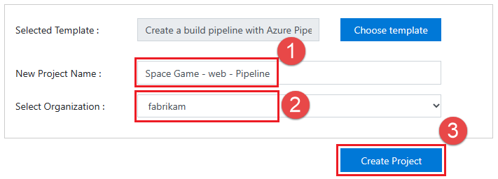 Zrzut ekranu przedstawiający tworzenie projektu za pomocą generatora demonstracyjnego usługi Azure DevOps.