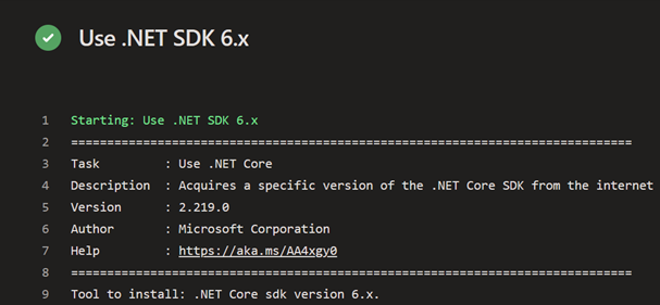 Zrzut ekranu usługi Azure Pipelines przedstawiający zadanie zestawu .NET SDK uruchomione w potoku.