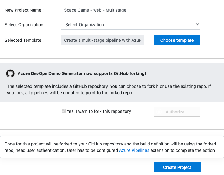 A screenshot of the Azure DevOps Demo Generator showing the process for creating the project.