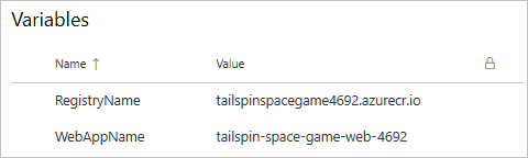 Screenshot of Azure Pipeline showing the variable group. The group contains two variables.