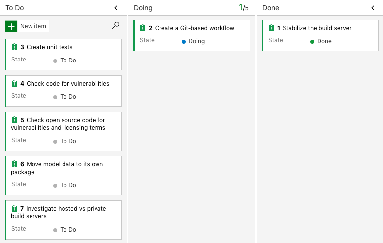 Zrzut ekranu usługi Azure Boards przedstawiający element roboczy w kolumnie Robi.