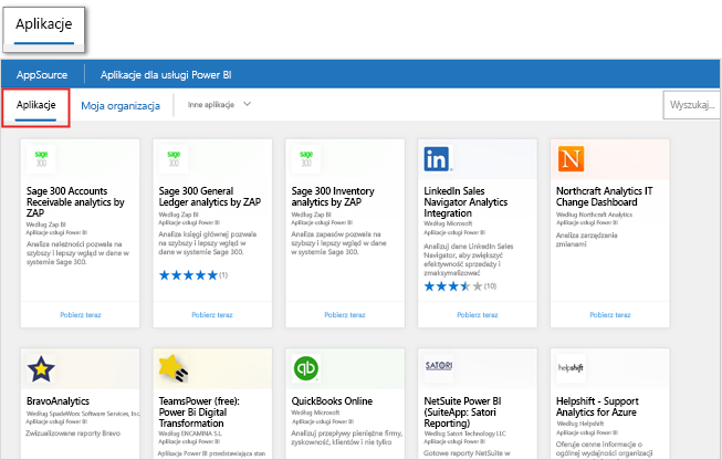 Zrzut ekranu przedstawiający produkty Microsoft AppSource ze strony Pobieranie aplikacji w produkcie w usłudze Power BI.