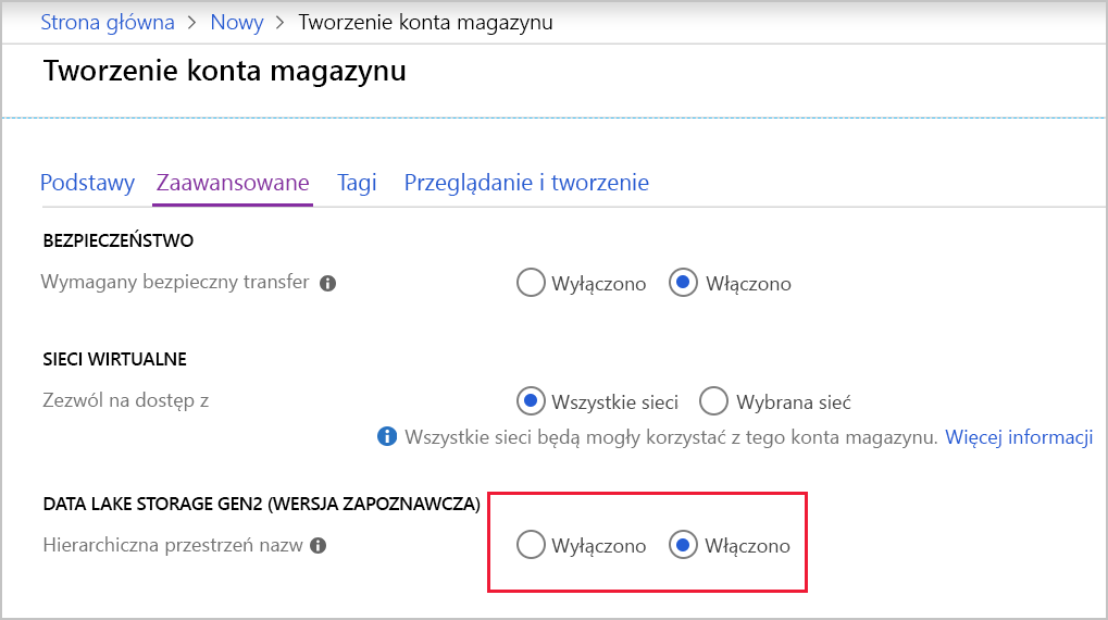 Zrzut ekranu przedstawiający ustawienia zaawansowane podczas tworzenia konta magazynu.