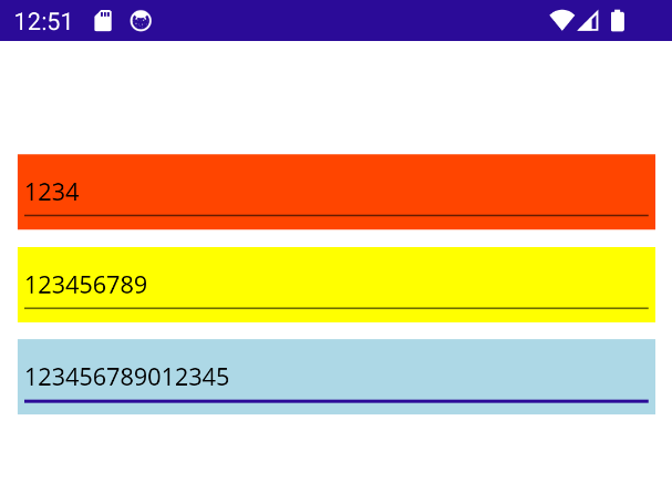 Zrzut ekranu przedstawiający aplikację .NET MAUI dla systemu Android z trzema kontrolkami wprowadzania, z których każdy ma inne kolorowe tło.