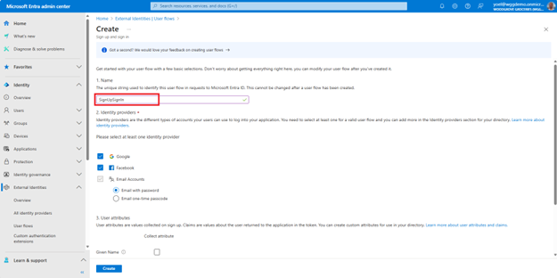 Zrzut ekranu przedstawiający blok Tworzenie w przepływach użytkownika tożsamości zewnętrznych, który wyróżnia nazwę nowego przepływu użytkownika.