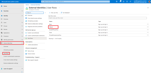 Zrzut ekranu przedstawiający blok Przepływy użytkownika tożsamości zewnętrznych z wyróżnionym przepływem użytkownika zatytułowanym Domyślna z listy siatki.