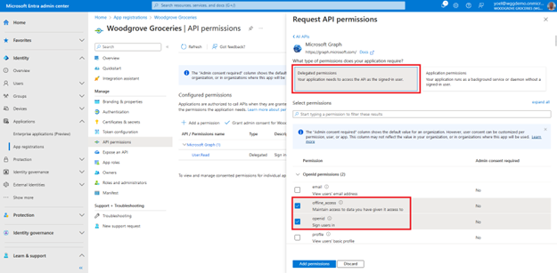 Zrzut ekranu przedstawiający okienko Żądaj uprawnień interfejsu API otwarte po prawej stronie z wyróżnioną grupą wyboru z wyróżnionymi uprawnieniami delegowanymi i uprawnieniami dla offline_access i pole wyboru openid zaewidencjonowane poniżej.