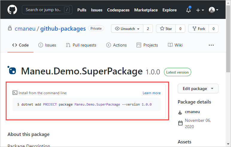 A Package page displays information about how to install it into your project, depending on the project environment.