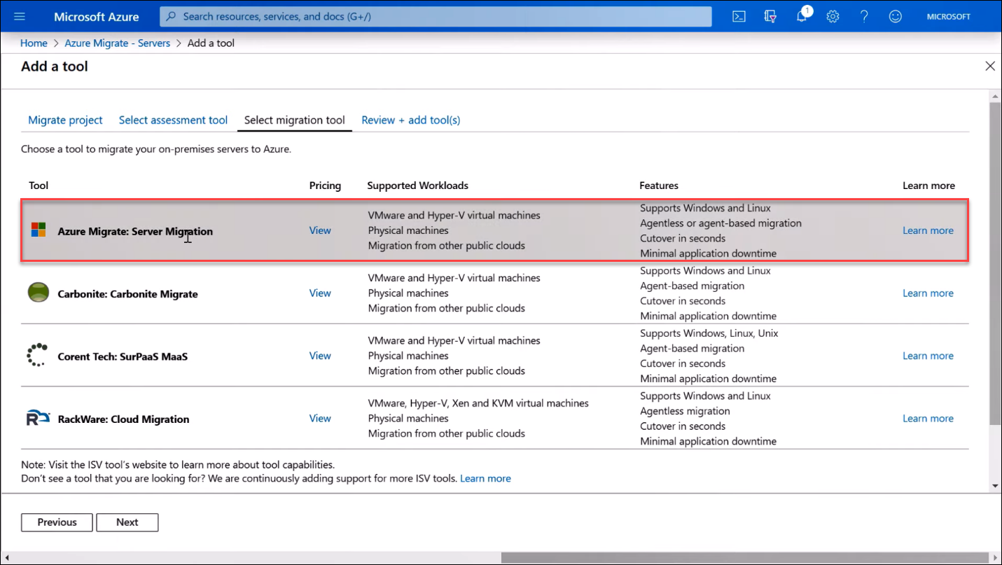 Screenshot of choose migration tool.