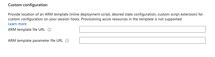 Screenshot of the Azure Virtual Desktop create host pool virtual machine custom configuration.