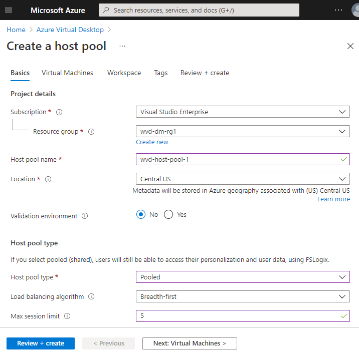 Screenshot of the Azure Virtual Desktop create host pool basic tab.