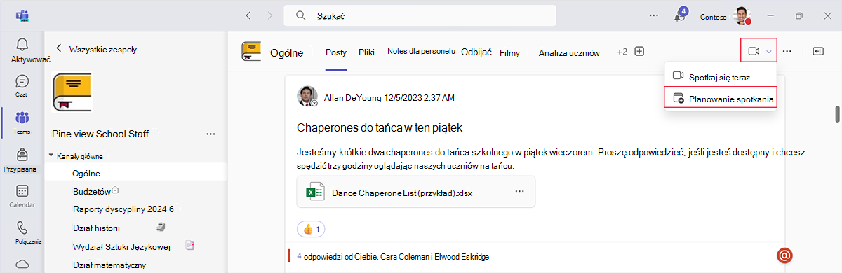 Zrzut ekranu przedstawiający sposób planowania spotkania z kanału zespołu w usłudze Microsoft Teams.