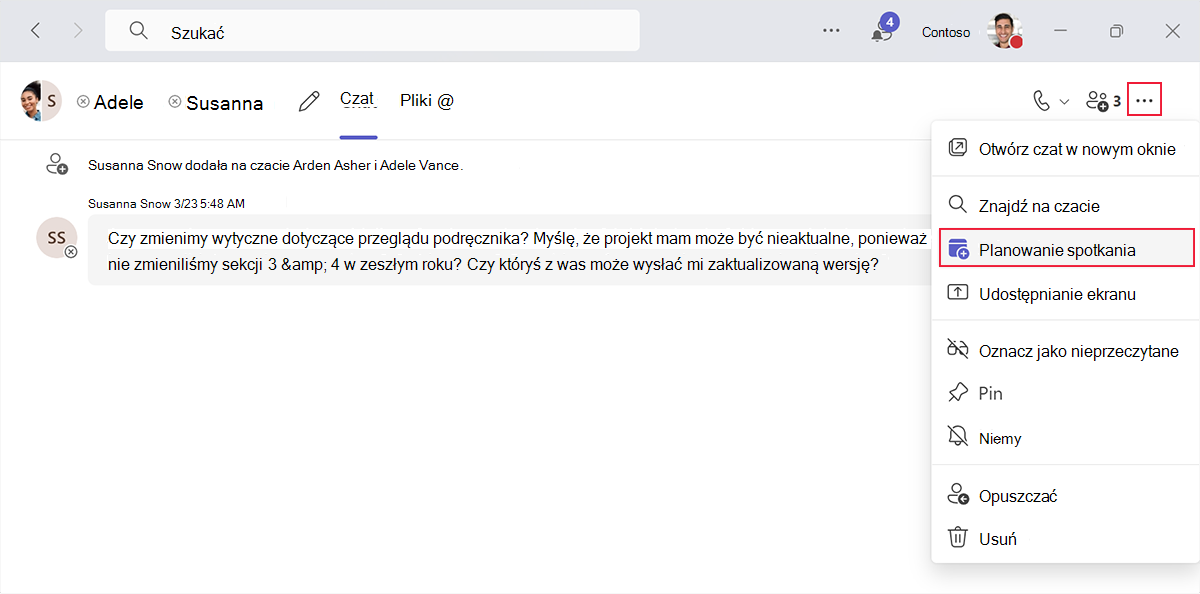 Zrzut ekranu przedstawiający opcję zaplanowania spotkania ze wszystkimi uczestnikami czatu w usłudze Microsoft Teams.